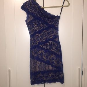Bebe royal blue and nude lace dress